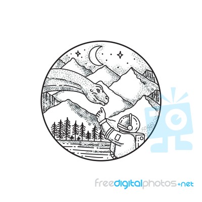 Brontosaurus Astronaut Mountain Circle Tattoo Stock Image