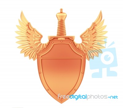 Bronze Metal Shield With Wings And Sword Stock Image