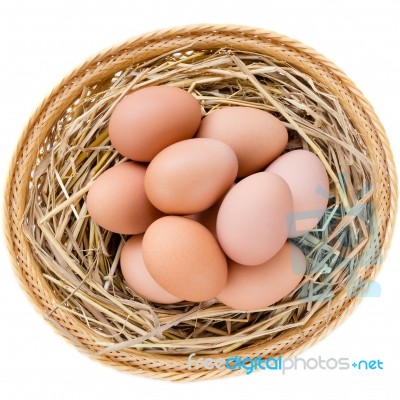 Brown Chicken Eggs In Basket Stock Photo