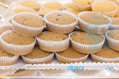 Brown Cupcakes On Silver Tray In A Hotel Restaurant Served For B… Stock Photo