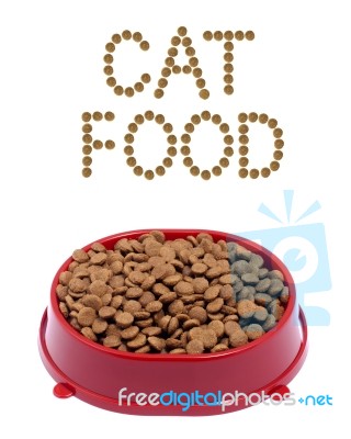 Brown Dry Cat Or Dog Food In Red Bowl Isolated On White Backgrou… Stock Photo