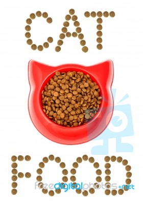 Brown Dry Cat Or Dog Food In Red Bowl Isolated On White Backgrou… Stock Photo