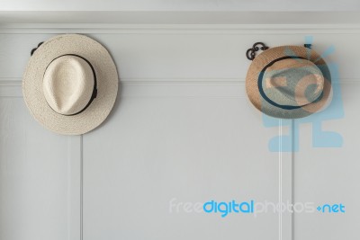 Brown Hats Hanging Stock Photo