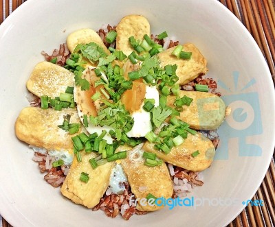 Brown Rice Mixed Tofu And Boiled Eggs Stock Photo