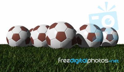 Brown Soccer Balls On A Green Grass Stock Image