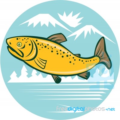 Brown Trout Jumping Circle Cartoon Stock Image