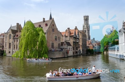 Bruges, Belgium - May 11, 2015: Tourist Visit Rozenhoedkaai (the… Stock Photo