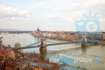 Budapest With Chain Bridge And Parliament Stock Photo