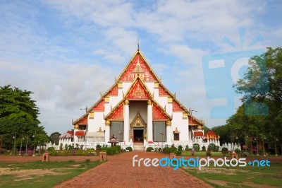 Buddhism White Church With Brick Path Walk Stock Photo