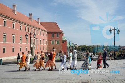 Buddhists Marching In The Old Market Square In Warsaw Stock Photo