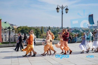 Buddhists Marching In The Old Market Square In Warsaw Stock Photo