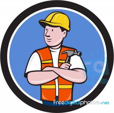 Builder Carpenter Folded Arms Hammer Circle Cartoon Stock Image