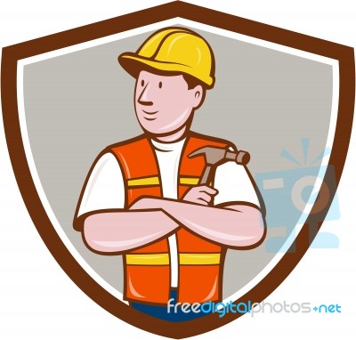 Builder Carpenter Folded Arms Hammer Crest Cartoon Stock Image