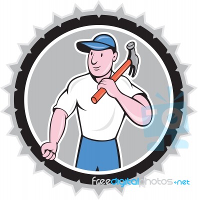 Builder Carpenter Holding Hammer Rosette Cartoon Stock Image