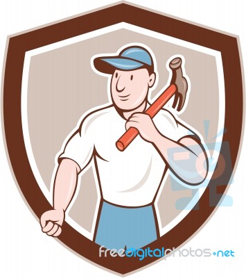 Builder Carpenter Holding Hammer Shield Cartoon Stock Image