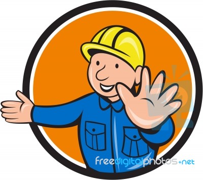 Builder Hand Stop Signal Circle Cartoon Stock Image