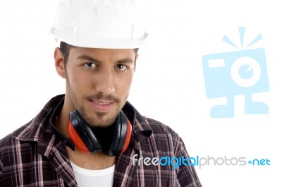 Builder Posing With Headphone Stock Photo