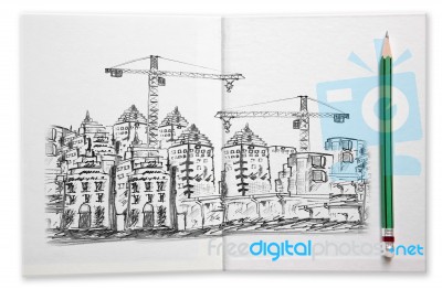 Building Construction Sketching By Pencil On White Book Stock Photo