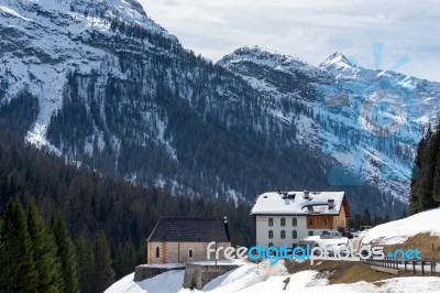 Buildings Along The Road To Cortina D'ampezzo Stock Photo