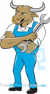 Bull Mechanic Spanner Standing Cartoon Stock Image