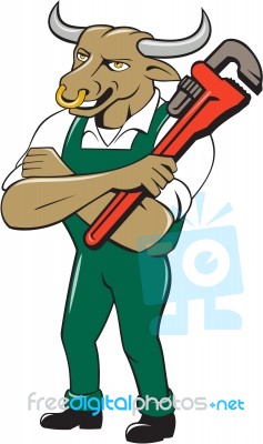 Bull Plumber Wrench Standing Isolated Cartoon Stock Image