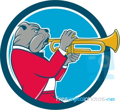 Bulldog Blowing Trumpet Side Circle Cartoon Stock Image