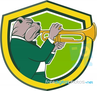 Bulldog Blowing Trumpet Side Shield Cartoon Stock Image