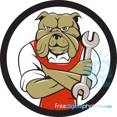 Bulldog Mechanic Arms Crossed Spanner Circle Cartoon Stock Image