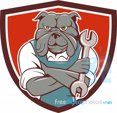 Bulldog Mechanic Arms Crossed Spanner Crest Cartoon Stock Image