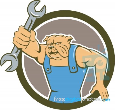 Bulldog Mechanic Holding Spanner Circle Cartoon Stock Image