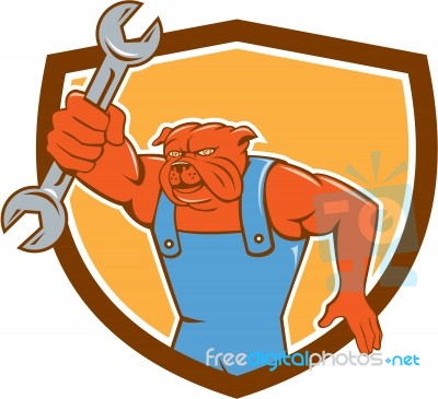 Bulldog Mechanic Holding Spanner Shield Cartoon Stock Image