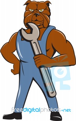 Bulldog Mechanic Holding Wrench Cartoon Stock Image