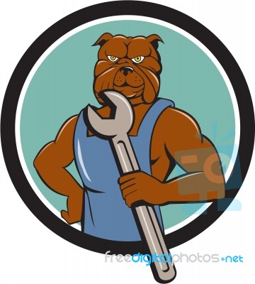 Bulldog Mechanic Holding Wrench Circle Cartoon Stock Image