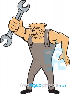 Bulldog Mechanic Spanner Standing Cartoon Stock Image