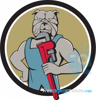 Bulldog Plumber Monkey Wrench Circle Cartoon Stock Image