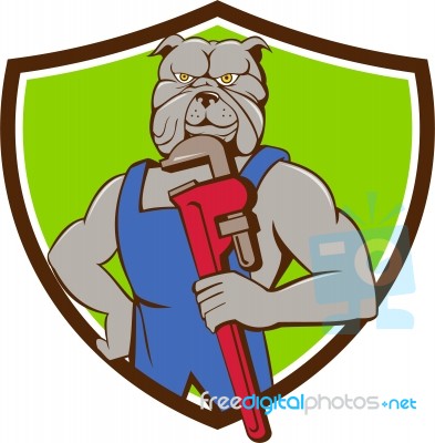 Bulldog Plumber Monkey Wrench Crest Cartoon Stock Image