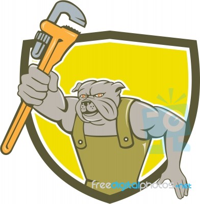 Bulldog Plumber Monkey Wrench Shield Cartoon Stock Image