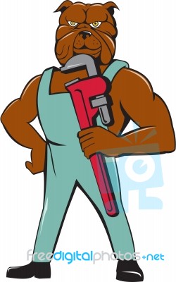 Bulldog Plumber Monkey Wrench Standing Cartoon Stock Image