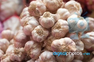 Bunch Of Garlic In The Market Stock Photo