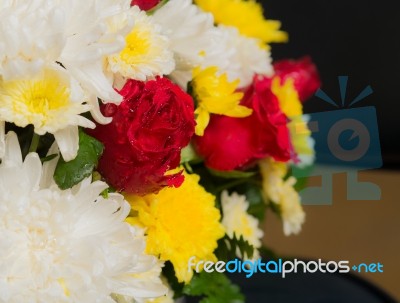 Bunch Of Vivid Flowers, Selective Focus Red Roses.  Stock Photo