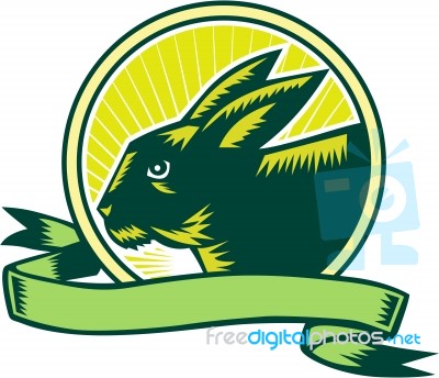 Bunny Head Circle Ribbon Woodcut Stock Image