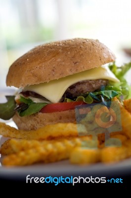 Burger And Fries Close Up Stock Photo