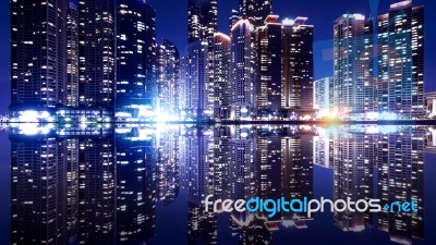 Busan Cityscape With Reflection Effact, South Korea Skyline.( Dark Tone) Stock Photo