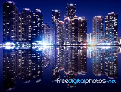 Busan Cityscape With Reflection Effact, South Korea Skyline.( Dark Tone) Stock Photo