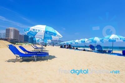 Busan, South Korea - June 1: Haeundae Beach One Of The Popular Beaches Of Busan On June 1, 2015 In Busan, South Korea Stock Photo