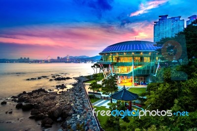 Busancityscape And Gwangan Bridge At Sunset In South Korea Stock Photo