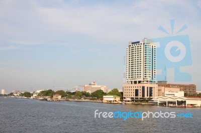 Business Building On Curve Water Front Stock Photo