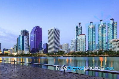 Business Buildings Area And Office, Cityscape At Twilight Stock Photo