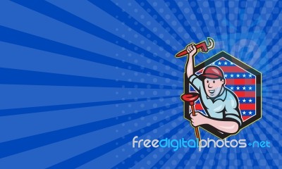 Business Card Plumber With Monkey Wrench And Plunger Cartoon Stock Image