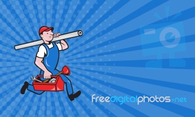 Business Card Plumber With Pipe Toolbox Cartoon Stock Image